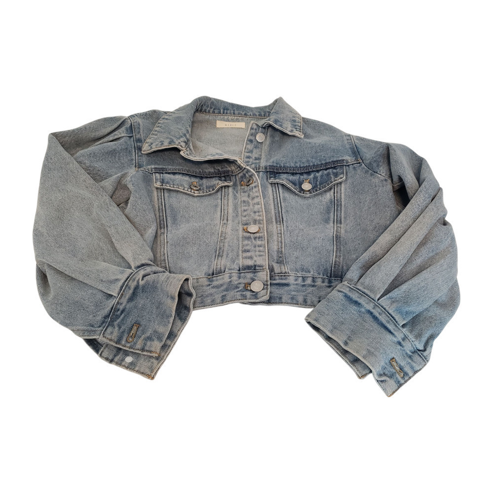 Denim Jacket Womens Large Light Wash Cropped Puff Shoulder Unworn NWOT Mable L - Picture 7 of 16